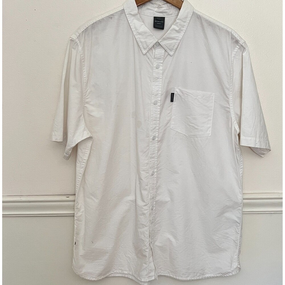 Oakley Mens Shirt XXL Button Up White 100% Cotton Casual Spellout Custom Fit